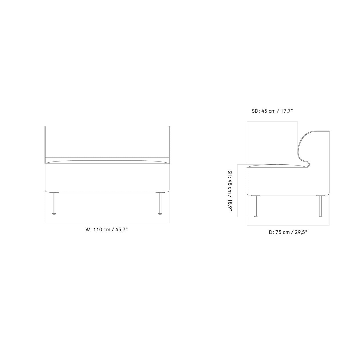 Technical schematic of the Eave Dining 110 cm, illustrating front and side views with width, height, and depth dimensions.