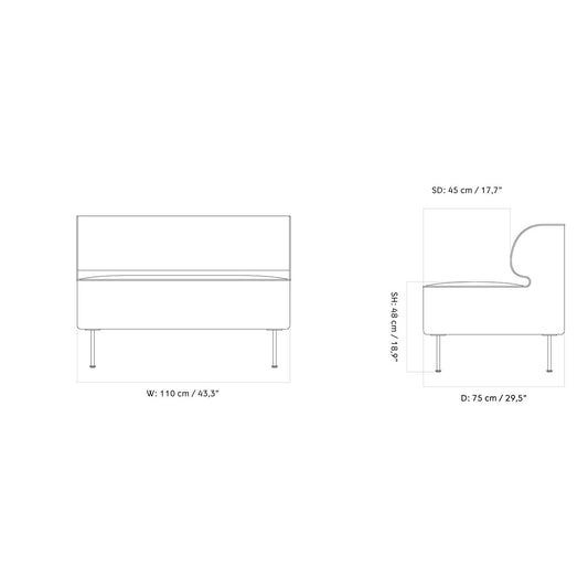 Technical schematic of the Eave Dining 110 cm, illustrating front and side views with width, height, and depth dimensions.