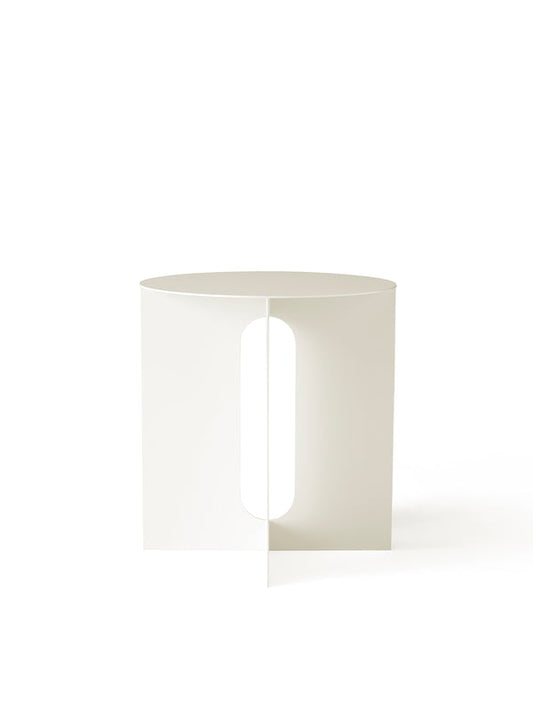 Ivory Androgyne Side Table shown front-on against a white background. The steel base has distinctive long, oval cutouts.
