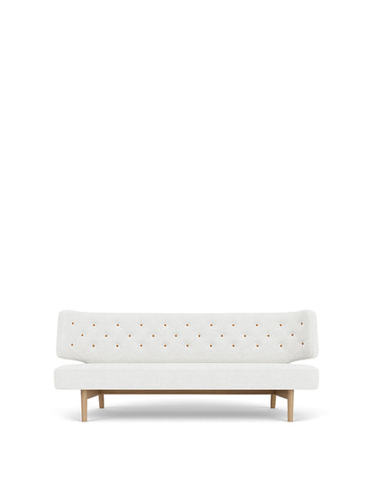 Front view of the Radiohus Sofa P2, with light grey Hallingdal fabric, a natural oak frame, and a tufted back with buttons.