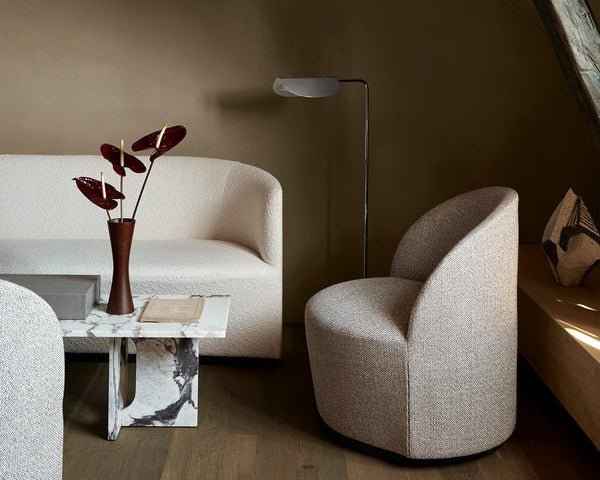 Tearoom Swivel Chair and Sofa in white bouclé with a Calacatta Viola